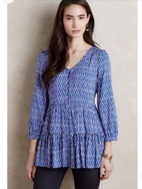 Anthropologie Maeve Lila Blue Peplum Tunic Shirt Size Large